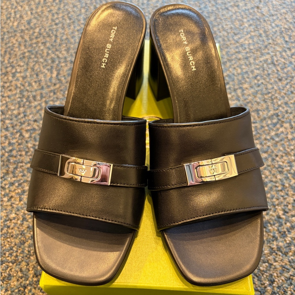 Tory Burch LeeLee Heeled Black Leather Mules with Silver Accent Calf Leather